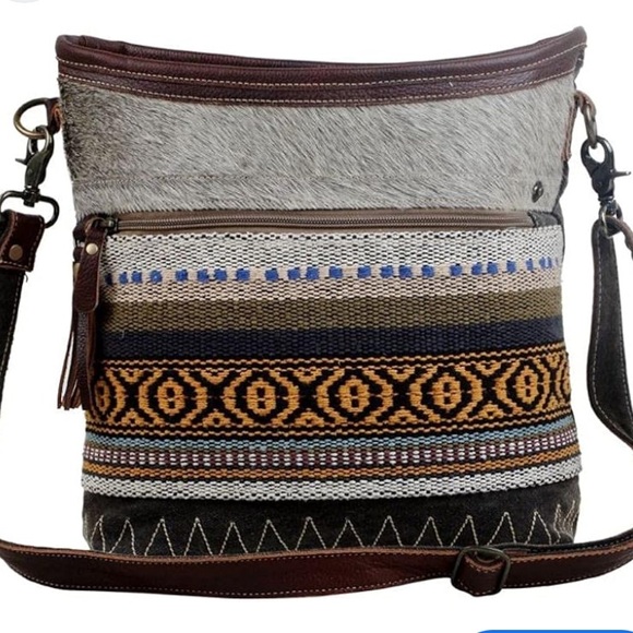 Myra Bag Cowhide Leather Western Hobo Cotton Adjustable Strap Crossbody Bag - Picture 6 of 15